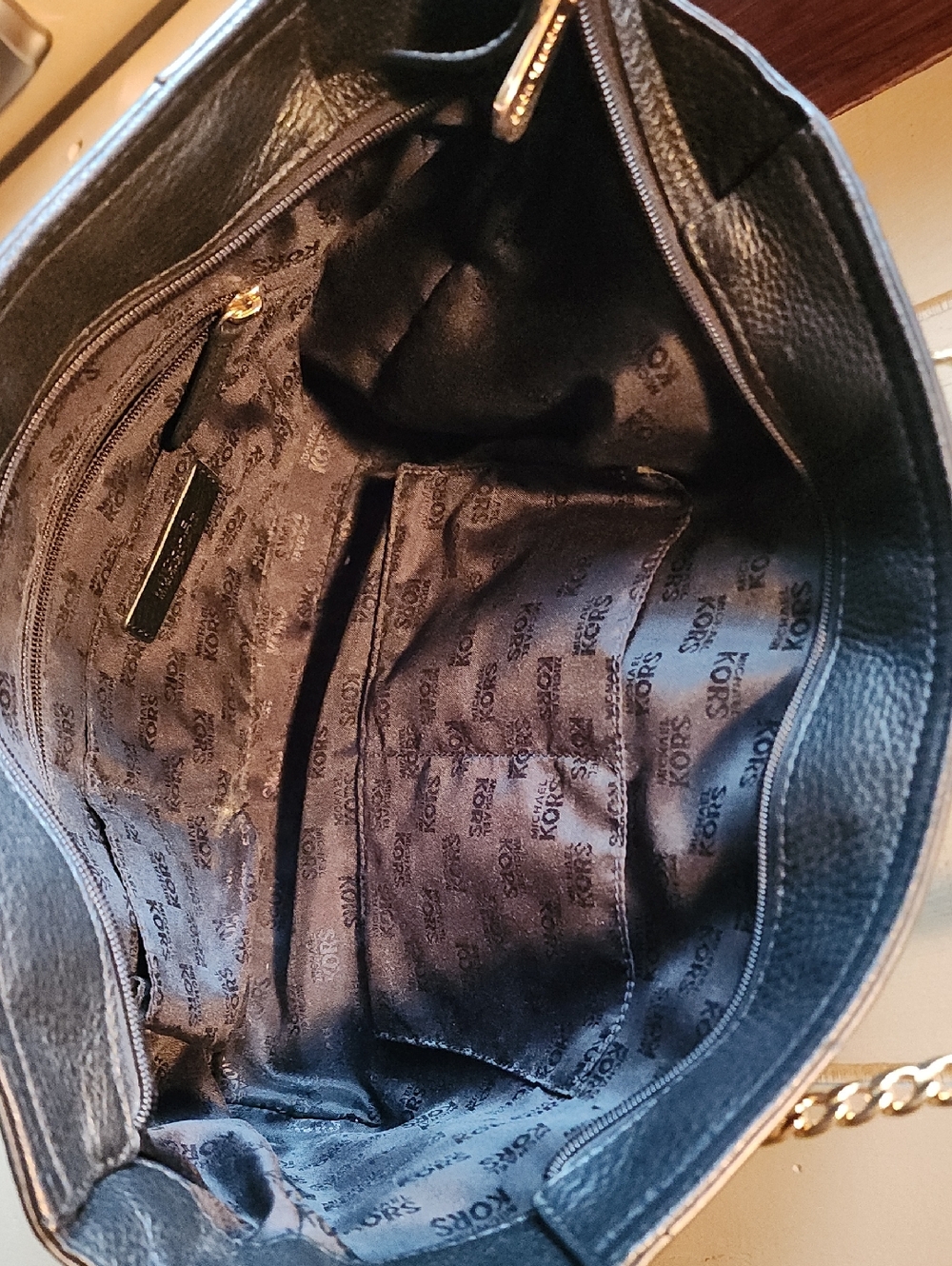 Michael Kors Black Leather Tote with Gold Chain Handles - Picture 3 of 3